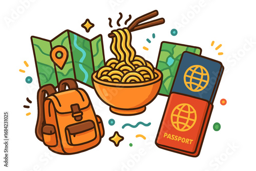 Travel adventure essentials concept with backpack, map, passport, and noodles. Vector cartoon illustration for journey, vacation, tourism, and trip planning. Asian food discovery.