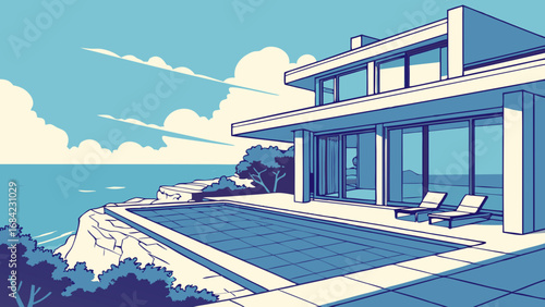 Modern House by the Ocean with Infinity Pool Luxury Real Estate Illustration.