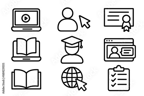 E-learning and online education line icon set. Course, webinar, certificate, graduation, and student symbols. Vector distance learning and knowledge pictogram collection.