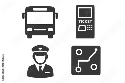 Public transport icon set. Bus, driver, ticket machine, and route map symbols. Simple glyph vector illustration for travel, transportation, city commute, and transit concepts.