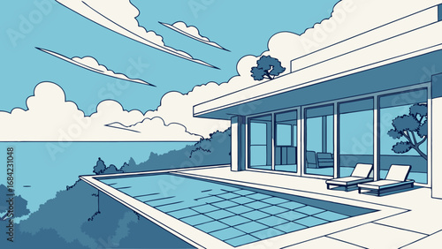 Modern House by the Ocean with Infinity Pool and Loungers.