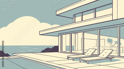 Modern House by the Ocean with Pool and Loungers.