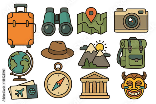 Travel and adventure icon set. Vector collection of tourism essentials for vacation and exploration. Luggage, map, compass, camera, backpack for hiking and cultural experiences.