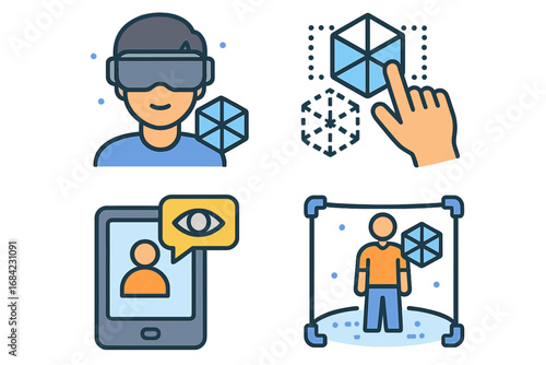 Augmented reality and virtual reality icon set. Vector illustration of AR and VR technology, user interaction, digital space, metaverse experience and 3D simulation concepts.