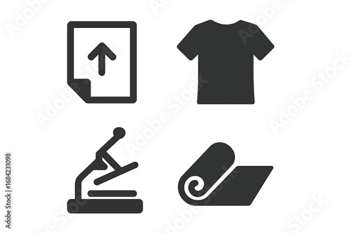 T-shirt printing solid icon set. Apparel production glyphs. Heat press machine, vinyl roll, file upload and textile symbols for custom design. Vector manufacturing concept.