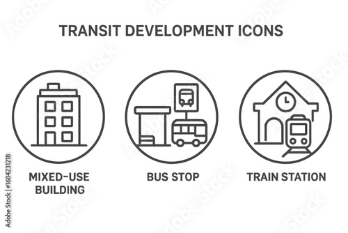 Transit oriented development line icon set. Urban planning and public transport symbols. Mixed-use building, bus stop, train station vector icons for smart city concepts.
