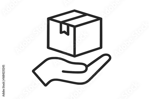 Hand holding package icon. Delivery service, shipping, and handling concept. Receive parcel, order fulfillment symbol for web, apps. Logistics, e-commerce vector line art.