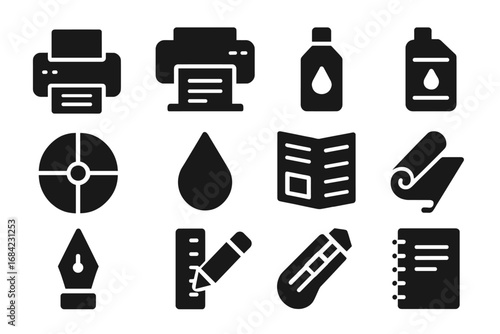 Printing and publishing solid icon set. Essential tools and equipment symbols for graphic design. Vector glyph pictograms. Printer, ink, paper, press, and stationery items.