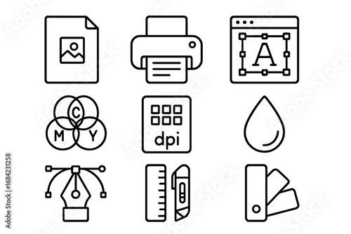 Printing essentials outline icon set. Print and graphic design tools collection. Vector line art symbols for typography, cmyk, dpi, color swatch, prepress and resolution.