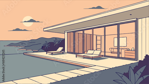Modern House by the Sea Sunset View Poolside Relaxation Minimalist Design Illustration.