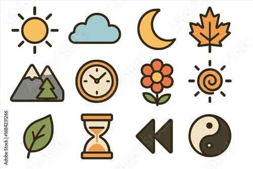 Nature and time icon set. Minimalist vector collection of sun, moon, clock, leaf, mountain, flower. Symbols of seasons, weather, balance, and harmony like yin yang. Flat design.