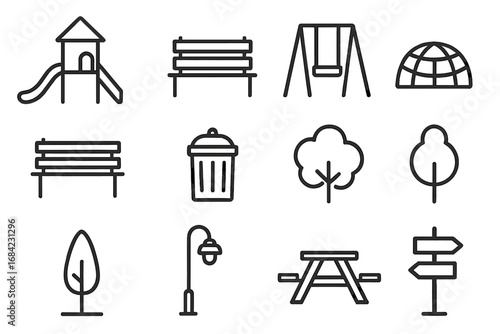 Park and recreation line icon set. Playground equipment, outdoor furniture, and city park elements. Vector collection with bench, slide, swing, tree, picnic table, and lamp post.