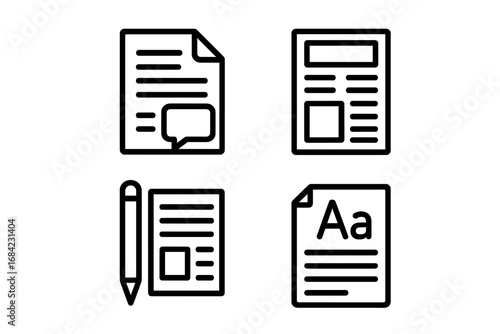 Publishing and editorial line icon set for articles, layouts, and style sheets. Vector illustration for content creation, writing, editing, typography, and graphic design.