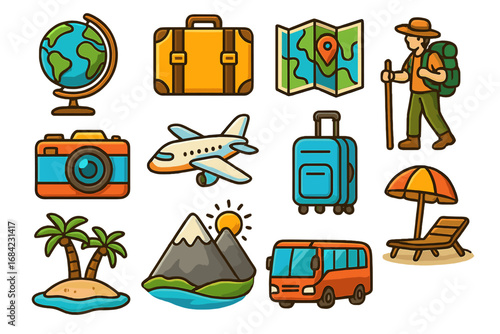 Travel icon set. Tourism and exploration elements. Vacation, holiday, journey, adventure cartoon vector symbols. Globe, suitcase, map, hiker, camera, airplane, island, bus
