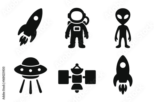 Space silhouette icon set. Rocket, astronaut, alien, ufo, satellite vector symbols. Cosmos exploration, sci-fi concept. Galaxy travel cartoon graphics. Isolated outer space design elements.