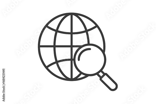 Minimalistic thin line icon of magnifying glass by globe or earth, concept of global search, worldwide research, web design, apps, social media, banners, vector illustration