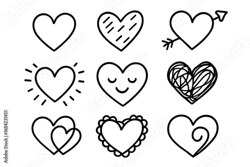 Hand-drawn heart collection. Set of cute doodle love symbols. Sketch line art icons for Valentine's Day, wedding, or romance. Vector illustration with scribble and arrow.