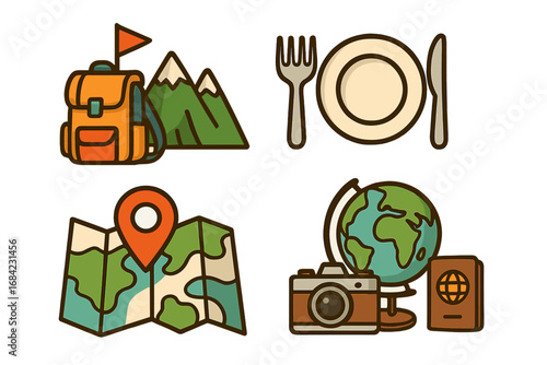 Travel icon set for adventure and vacation. Vector graphics for hiking, food, world exploration, and photography. Essential journey symbols like map, passport, and camera.
