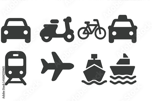 Transportation icons. Vehicle collection symbol. Car, scooter, bicycle, taxi, train, plane, ship, boat. Public transport. Travel, journey concept. Solid black glyph pictogram set.