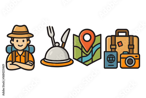 Travel icon set for adventure tourism. Vector cartoon illustration of a backpacker, food, map, suitcase, passport, camera. Vacation journey and exploration essentials.