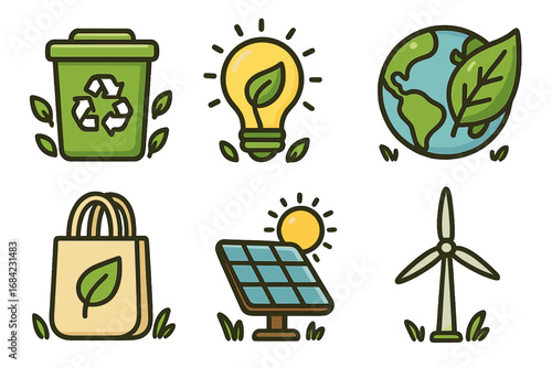 Sustainability Icons Representing Eco-Friendly Practices and Renewable Energy Solutions for a Greener Future, Vector Cartoon Illustration with Transparent Background