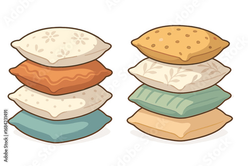 Two stacks of soft, cozy pillows with patterns. Vector cartoon illustration for home interior decor. Set of comfortable cushions for bed, sofa or couch. Sleep and rest concept.