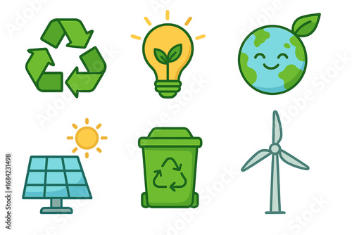 Sustainability Icons Representing Eco-Friendly Practices and Renewable Energy Solutions for a Greener Future, Vector Cartoon Illustrations with Recycling, Solar, Wind, and Environmental Concepts