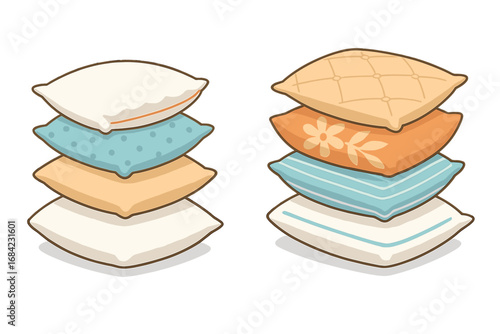 Pillow stack vector illustration set. Decorative cushions with various patterns for cozy home interior decor. Soft textile for comfort, sleep, relaxation, and bedroom design.