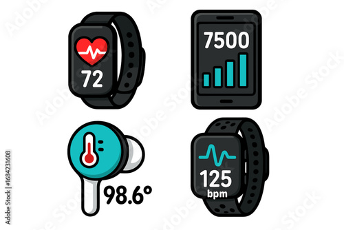 Set of health monitoring and fitness tracking vector icons. Wearable technology concept with smartwatch, heart rate monitor, step counter, and digital thermometer illustrations.