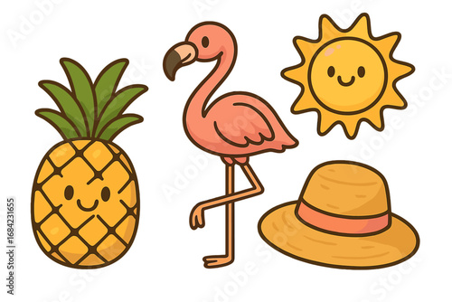 Tropical summer elements collection. Cute cartoon characters set with happy pineapple, pink flamingo, smiling sun, and beach hat. Vector illustration for vacation or holiday.