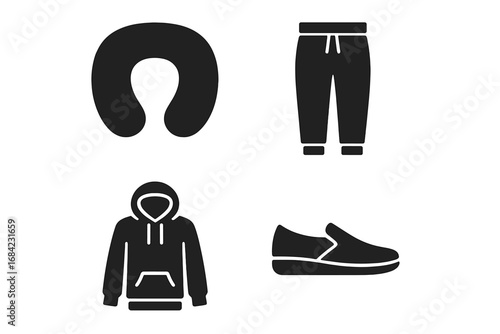 Travel comfort glyph icons set. Vector silhouettes of flight essentials. Neck pillow, joggers, hoodie, slip-on shoes. Comfy airport outfit and fashion for a vacation journey.