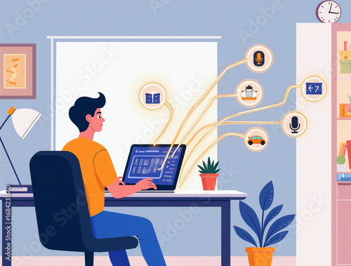 Modern Flat Illustration of a Man Working from Home Using Laptop
