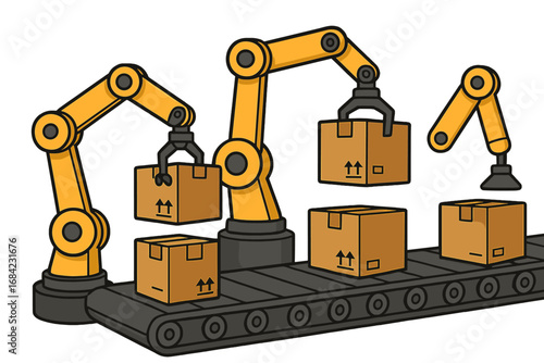 Robotic Arms Sorting and Handling Packages in Modern Automated Logistics Facility, Industrial Automation, Efficient Warehouse Processing, Factory Conveyor Belt System, Vector Cartoon