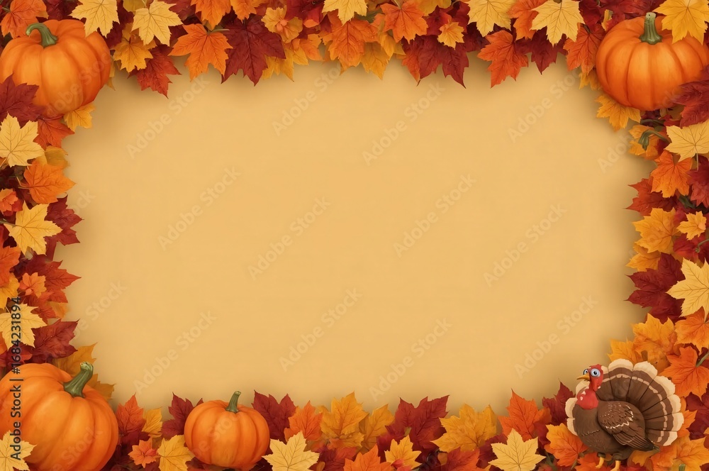 Fototapeta premium Autumn leaves, pumpkins, turkey frame, beige background, Thanksgiving