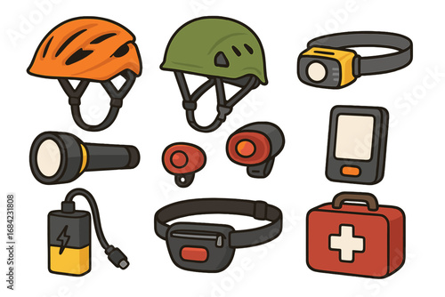 Outdoor adventure and hiking safety gear collection. Vector icon set with climbing helmet, headlamp, flashlight, first aid kit, power bank, GPS. Camping equipment cartoon.