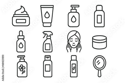 Skin care beauty outline icon set. Cosmetic products line art collection. Cream, bottle, serum, spray, lotion vector pictograms. Facial treatment, hygiene and routine symbols.
