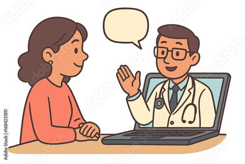 Patient woman on video call with doctor on laptop. Telemedicine, telehealth concept. Online medical consultation, remote healthcare service. Virtual appointment. Vector cartoon.