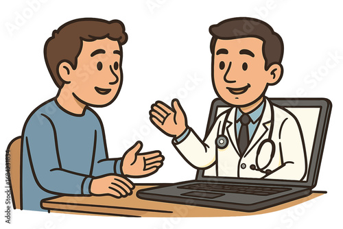 Telemedicine virtual consultation with doctor on laptop screen. Patient having online appointment with physician for medical advice. Healthcare technology concept vector cartoon.