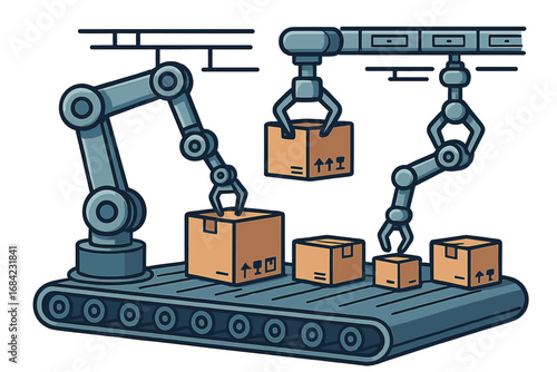 Robotic arms sorting and handling packages in a modern automated logistics facility for efficient distribution and processing, industrial automation concept, vector cartoon illustration
