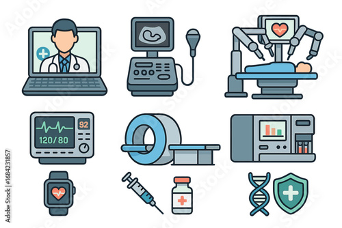 Healthcare technology icon set. Telemedicine doctor, robotic surgery, MRI, DNA analysis. Medical innovation, diagnostics, and treatment elements. Health tech vector icons.