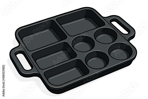 Cast iron breakfast skillet with multiple sections. Versatile baking tray for muffins, eggs and bacon. Kitchen cookware and bakeware illustration. Cooking pan vector icon.