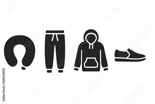 Comfortable travel clothes solid icon set. Vector glyphs for airport fashion and journey essentials. Neck pillow, cozy hoodie, sweatpants, and slip-on shoes illustration.
