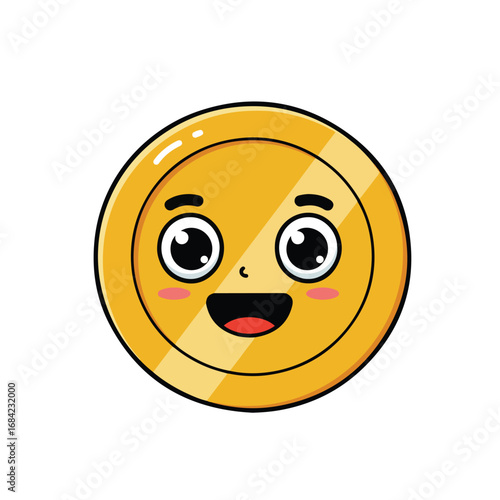A gold coin with a cartoon face happy expression blush marks and white background