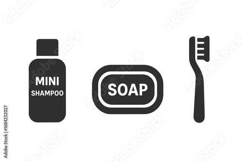Travel hygiene essentials icon set. Solid vector glyph icons of toiletries for packing. Mini shampoo bottle, soap bar, toothbrush. Personal care items for vacation, trip, hotel.