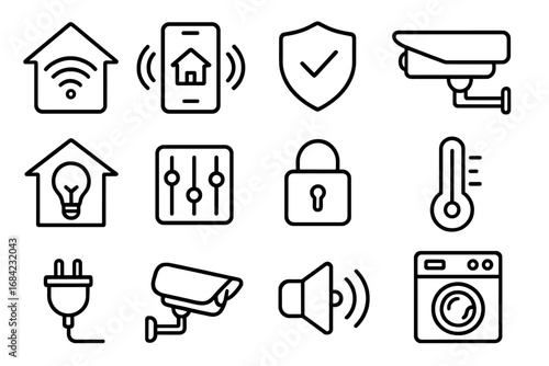 Smart home linear icon set. Automation, security, and appliance management outline icons. Vector illustration of IoT technology, remote control, and monitoring symbols.