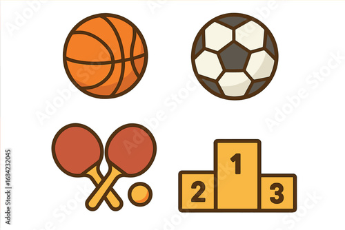 Sports icon set with basketball, soccer ball, table tennis paddles, and winner's podium. Vector collection for athletic competition, championship, and award concepts. Flat design.