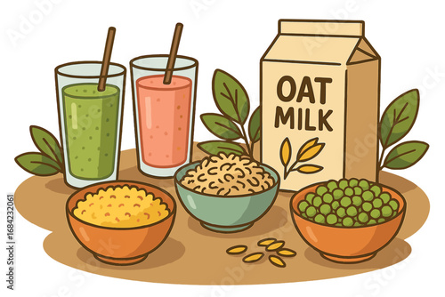 Plant-Based Vegan Food Arrangement with Oat Milk, Grains, Legumes, Green and Berry Smoothies, Healthy Breakfast or Snack Ingredients, Natural Nutrition Concept, Colorful Vector Cartoon Illustration