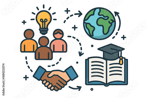 Teamwork, education and global connections icon set. Concept of collaboration, innovation, and international partnership. Business strategy, learning, and success vector illustration.