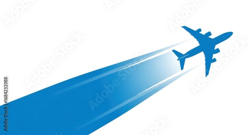 A blue airplane flying diagonally upward with blue streaks on a white background design vector 