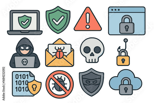 Cybersecurity icon set. Vector symbols of hacker, virus, phishing, and data protection. Concepts of internet security, privacy, malware, antivirus, and cybercrime illustration.